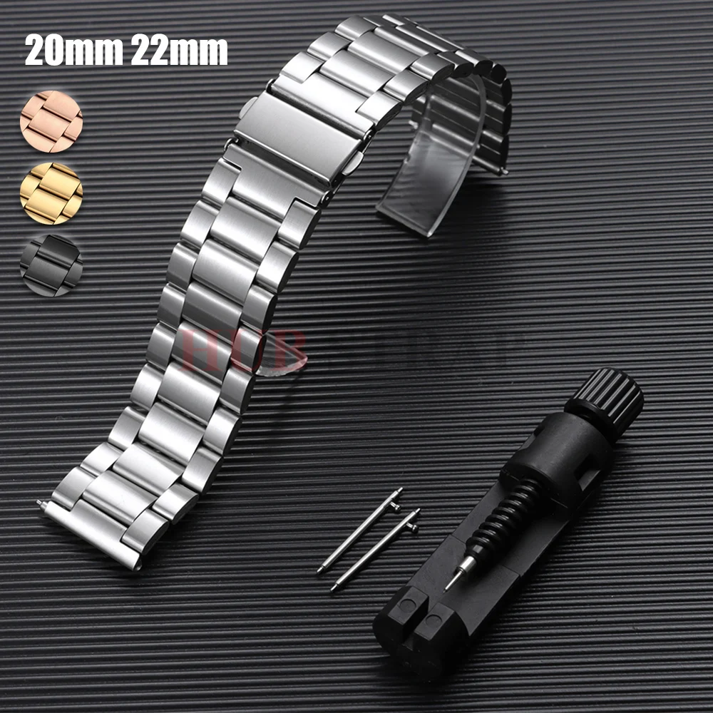 20mm 22mm Stainless Steel Strap Business Safty Metal Watch Band Link Bracelet Watchband Black Silver Rose Gold Watch Accessories