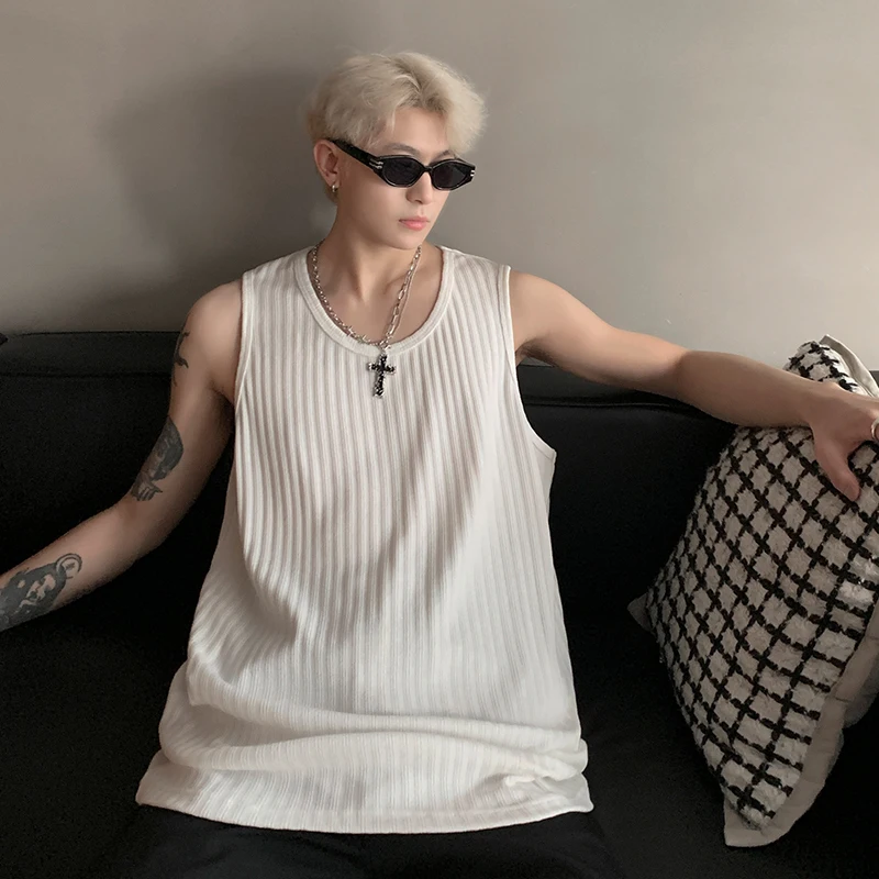 FEWQ Stripe Solid Color Vest Sleeveless T-shirt 2024 Round Neck Solid Color Korea Fashion Male Tops Casual 24E1605