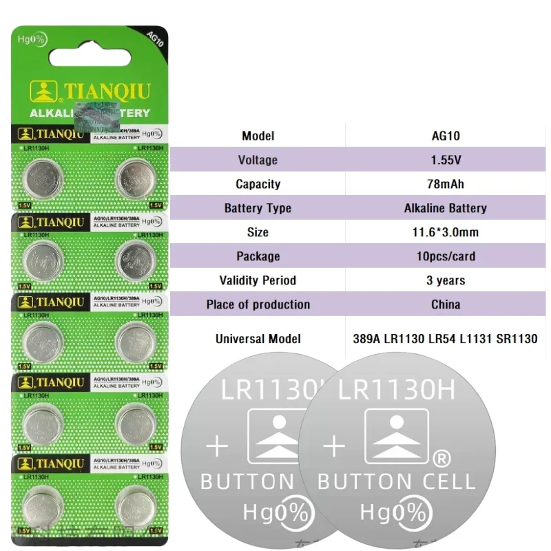 

10-200PCS AG10 1.55V 78mAh Cell Coin LR54 SR54 389 G10189 LR1130 SR1130 V10GA Alkaline Button Batteries for Watch Toys Remote