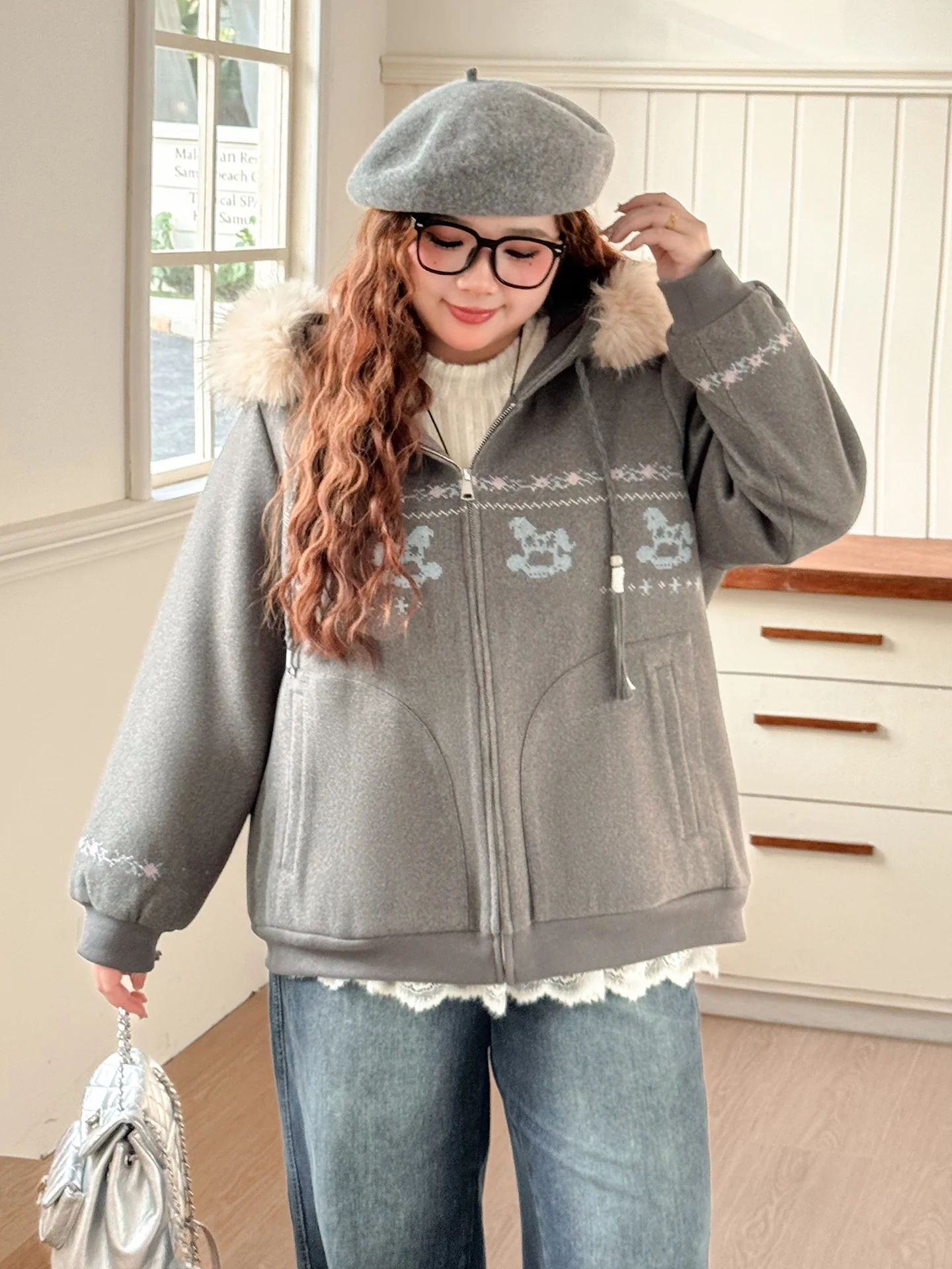 

plus Size Women's Cardigan Faux Fur Collar Embroidered Single-Faced Wool Zipper Loose Fit Warmth Autumn Winter Outerwear
