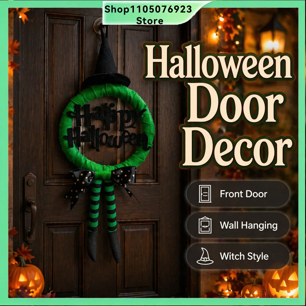 Long Leg Green Witch Halloween Wreath Door Hanger Happy Halloween Letter Sign Bow Ornament for Front Door Home Party Decor