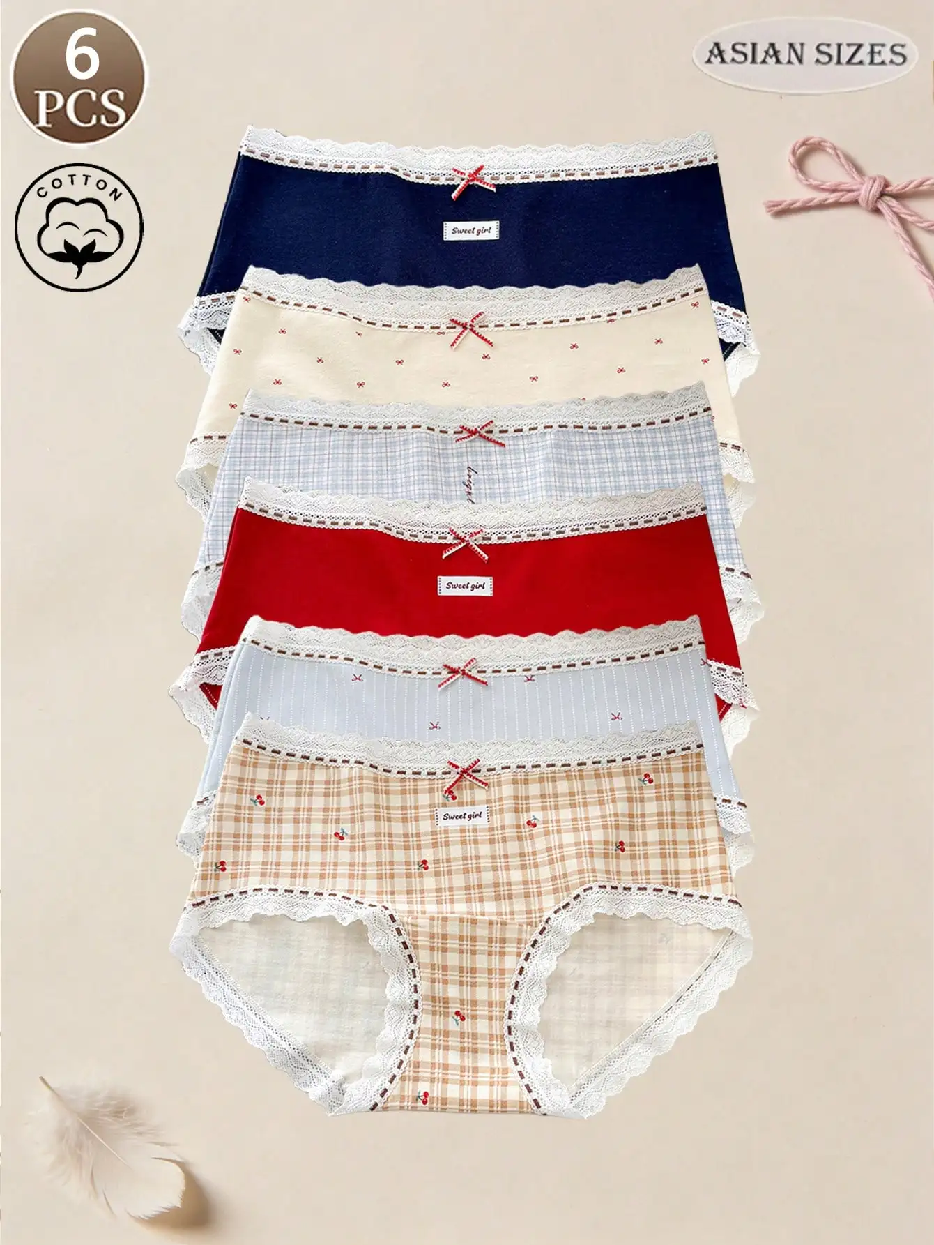

Женское нижнее белье в клетку с милым бантом из 6 предметов, бесшовные и удобные женские треугольные брюки