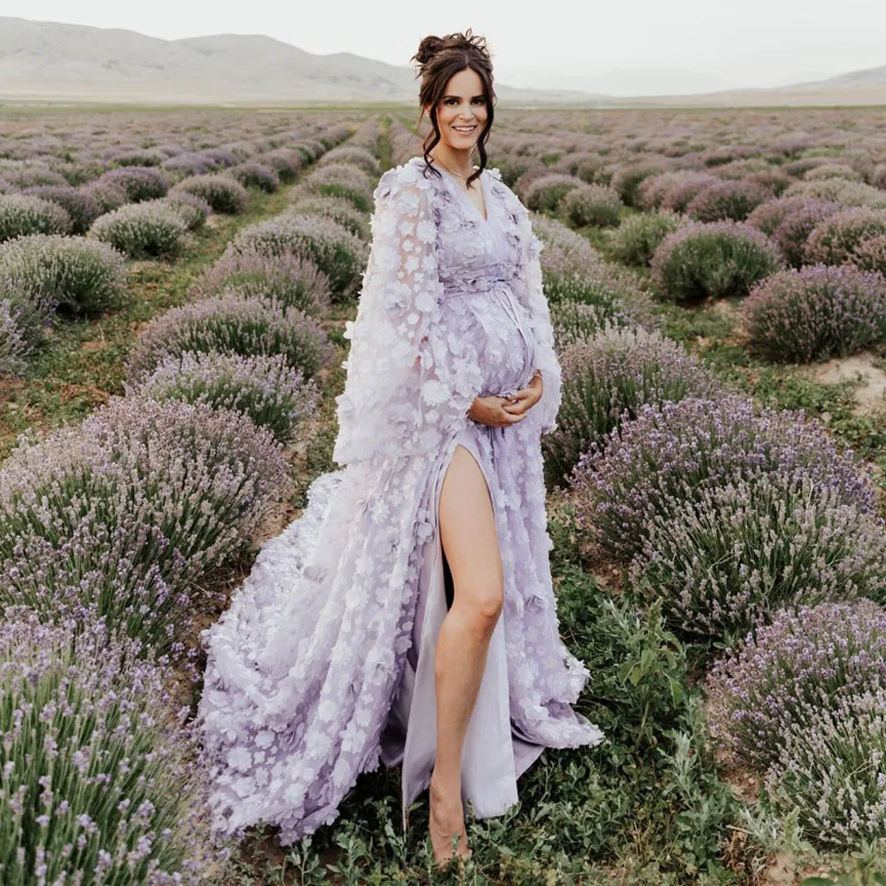 Elegant Lavender Floral Maternity Dress with High Slit, Long Sleeves, and Flowy Train for Outdoor Photoshoots Ever Pretty