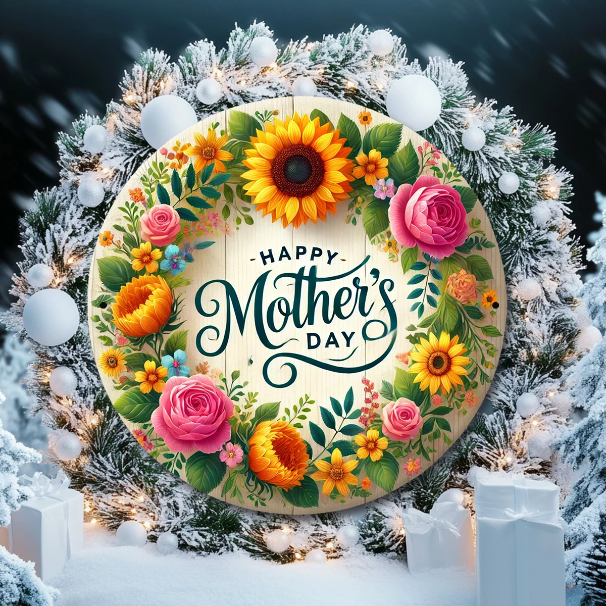 1 Stück handgefertigte runde Wanddekoration aus Eisen – Sonnenblumen- und Rosenkranz mit „Happy Mother's Day“-Schild, rustikaler Blumenkranz aus Metall