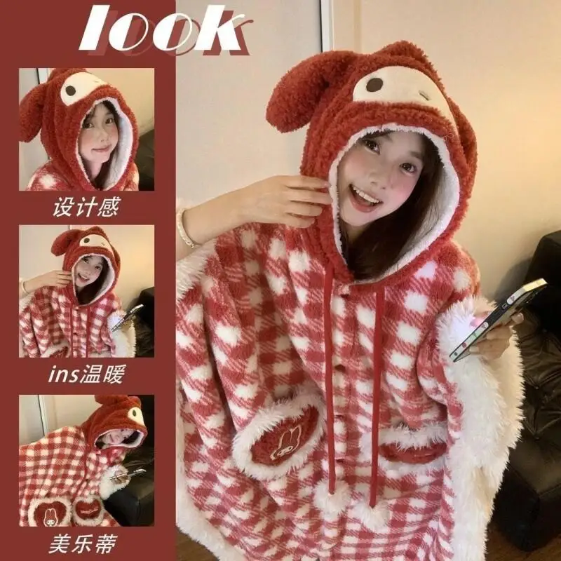 

Sanrio Melody клетчатая накидка-халат, пижамы, женские зимние фланелевые коралловые флисовые толстые теплые домашние костюмы с героями мультфильмов, кавайный модный комплект одежды для сна