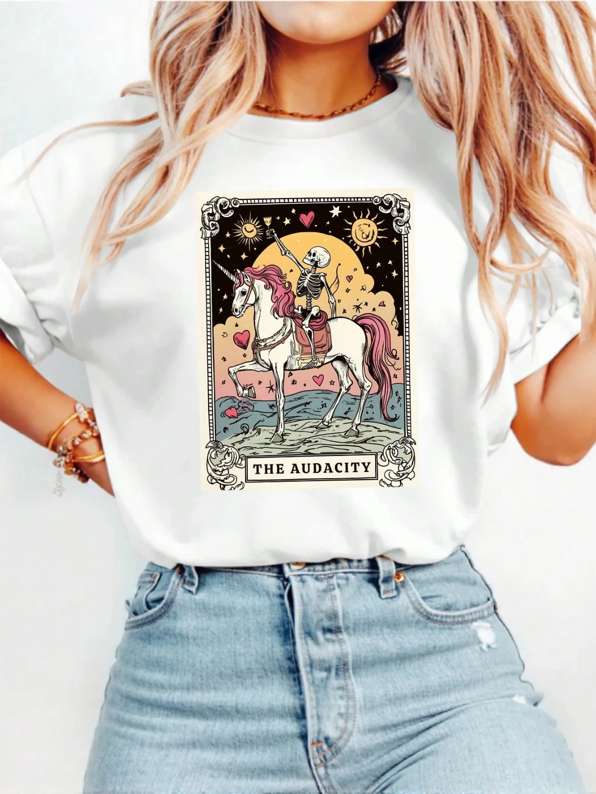 T-Shirt manches courtes col rond femme, haut à la mode, avec carte de Tarot licorne, squelette audacieux, été