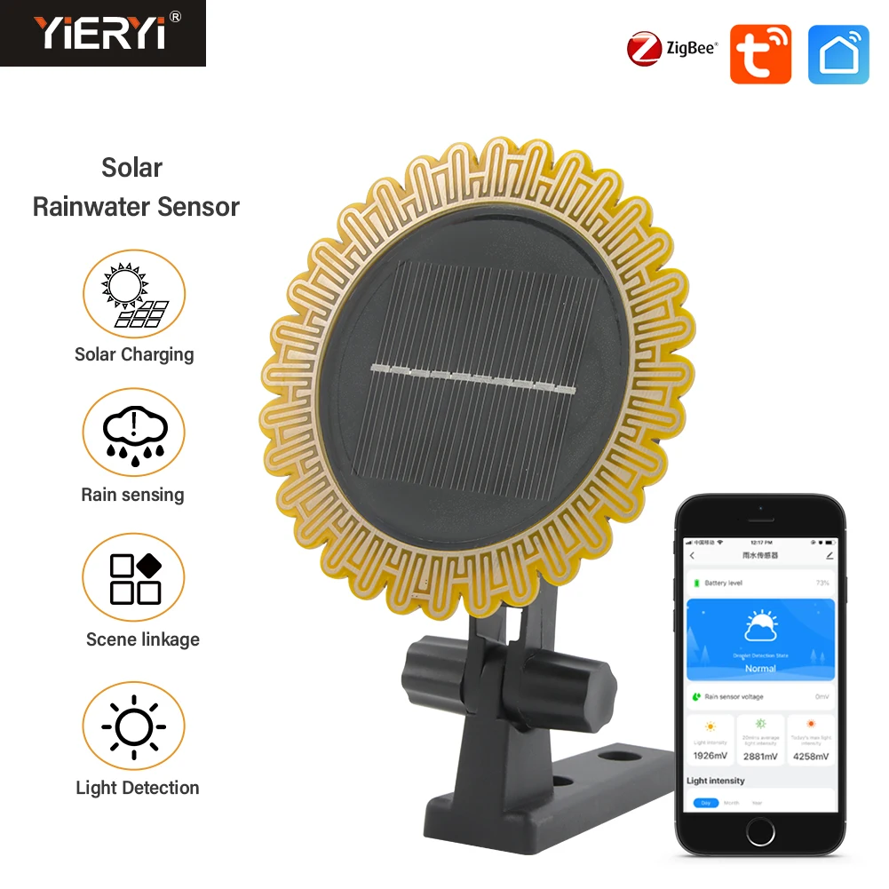 

Zigbee WiFi Tuya Sunlight Rain Sensor Solar Charging Real-time Rainwater Detector Smart Life App Controlled for House Outdoor