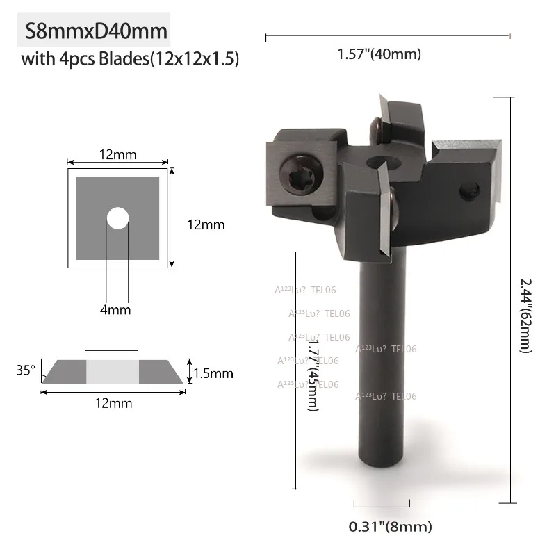 4 Flute Indexable Bottom Cleaning Router Bit 8mm Shank Removable Blade for Solid Wood Pine