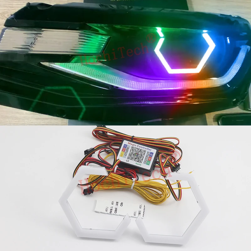 2Pcs Hexagon RGBW Multi-Color Led Angel Eyes Chasing Flowing Halo Rings Sequential Turn Signal Cotton Light 70mm 80mm 86 90mm