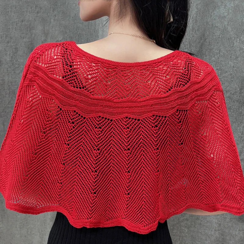 Women Hollow Knit Mesh Sunscreen Shawl Scarf Female Summer Pearl Pin Pullover Blouse Cape Versatile Camisole Clothing R73