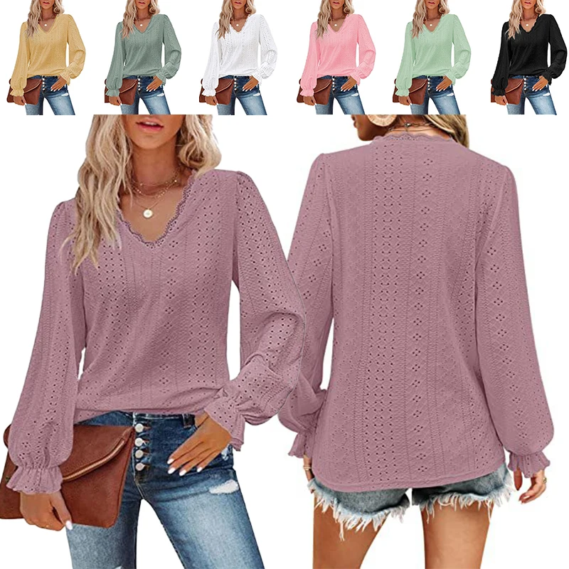 

New Women's Solid Color Casual Long Sleeve Pullover Sweatshirt V-Neck Hollow Out T-shirt Women's Solid Cotton T-shirt