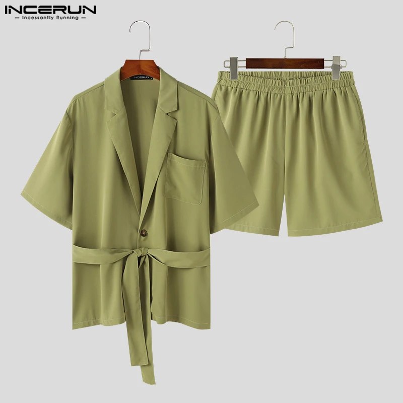 INCERUN Men Sets Solid Color Summer Loose Lapel Short Sleeve Shirt With Belt & Shorts 2PCS Streetwear 2024 Fashion Men\'s Suits