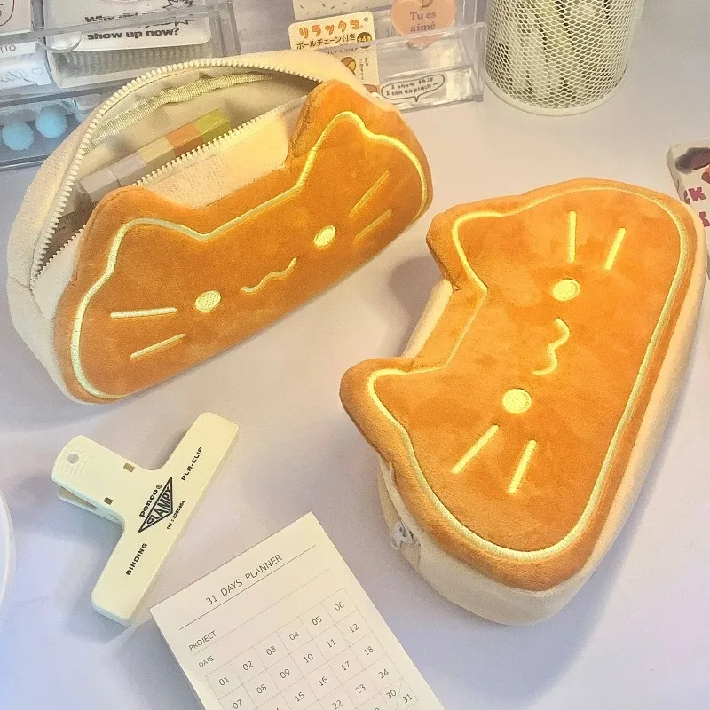 Cute Caramel Bread Cat Plush Pencil Case Kawaii Student Large Capacity Stationery Bags Kawaii Kitten Organizer School Supplies