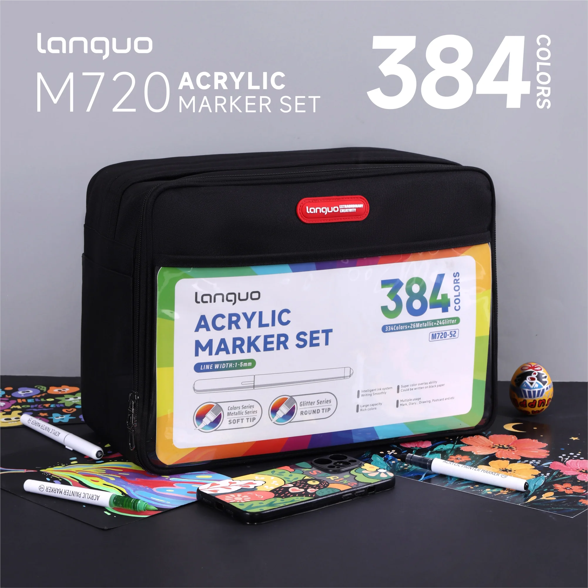 Languo Brand 384 Colors/Set Acrylic Paint Art Markers, Paint Markers, Large Capacity Liquid Acrylic Markers Pro, Felt-Tip Pen Stationery Set, Soft Tip 1-5mm Thickness Adjustable, Art Drawing DIY Graffiti, Notebook Diary Writing, Back-To-School Supplies