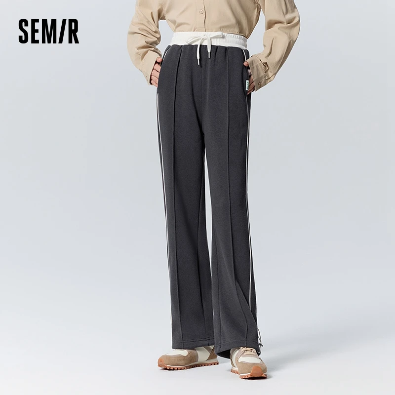 

Semir Casual Pants Women Contrasted Color Fleece Sweatpants Trendy Winter Loose Sports Style Fashionable Drawstring Leggings T