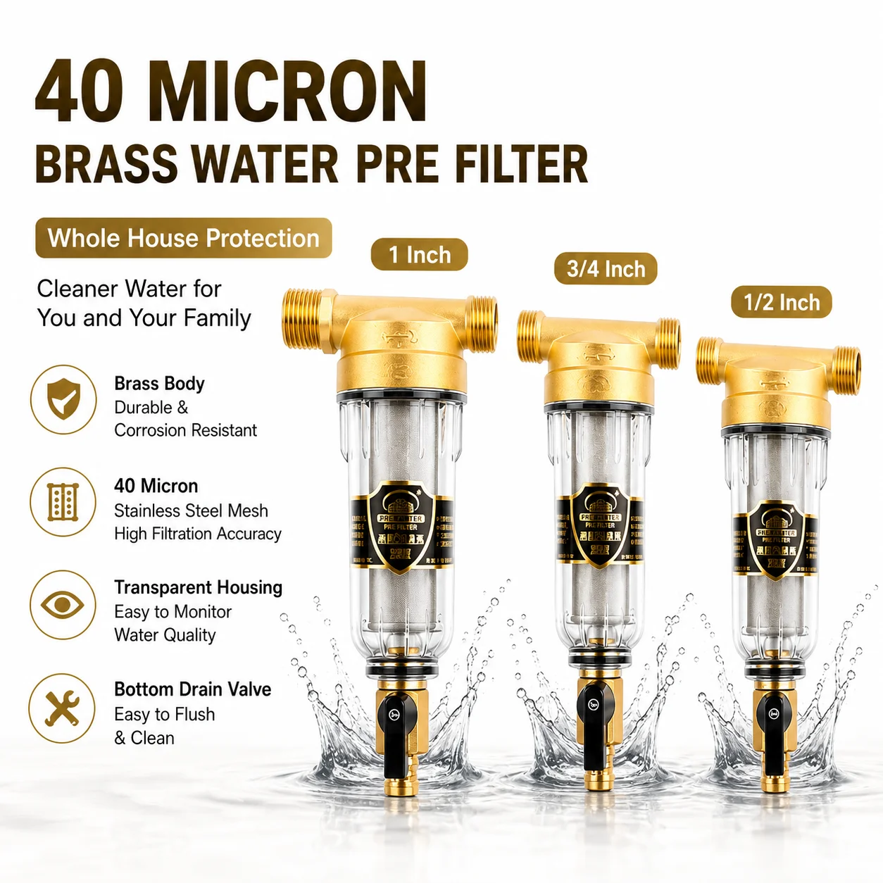 Household Central Water Pre Filter, 40 Micron Brass Sediment Filter for Main Water Pipe 1/2