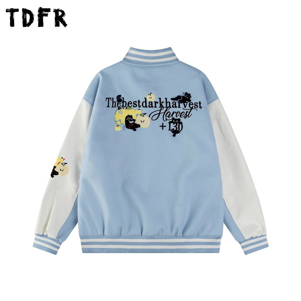 

Cartoon Embroidery Baseball Jacket Mens Autumn Winter Retro Casual Single Breasted Stand Collar Long Sleeve Letterman jacket Man