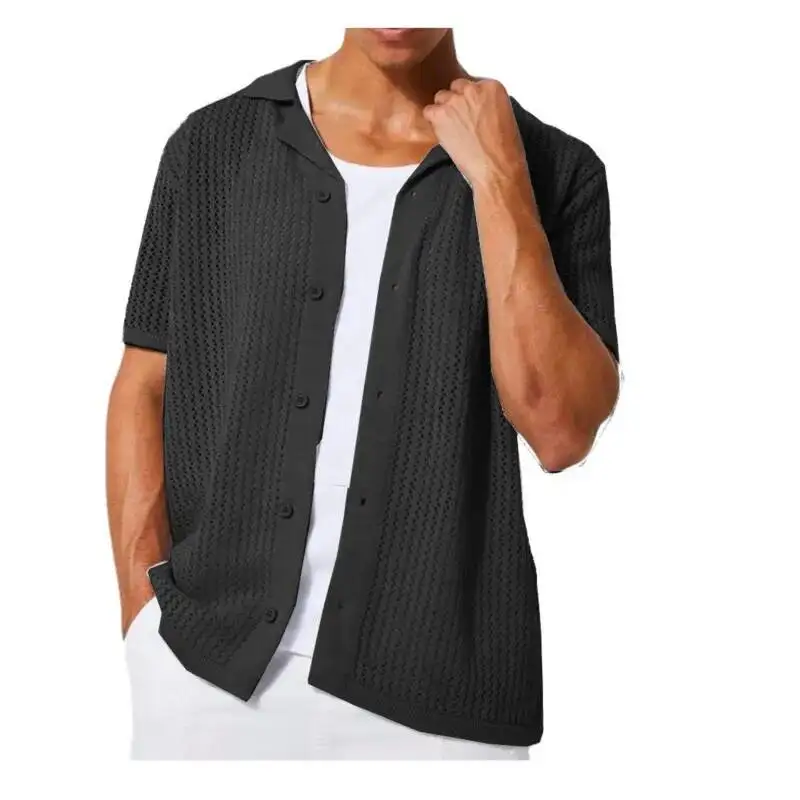 WVGA New Man Casual Knit Cardigan Summer Cool Hollow Out Trendy Short Sleeve Shirt Solid Color Niche Chic Casual Tops Ins W23383