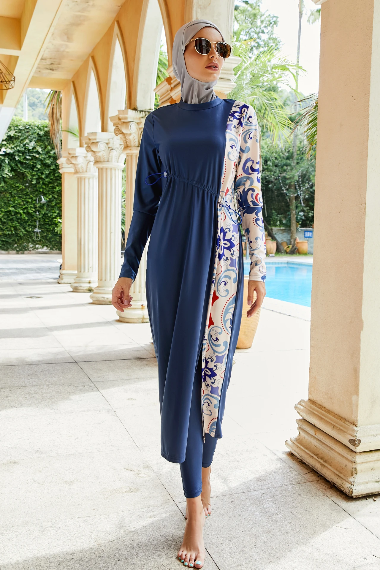 Fashion Muslim Swimsuit Burkini for Women Islamic Arab Swimming Set Hijab Maxi Dress Full Cover Blue Print Patchwork