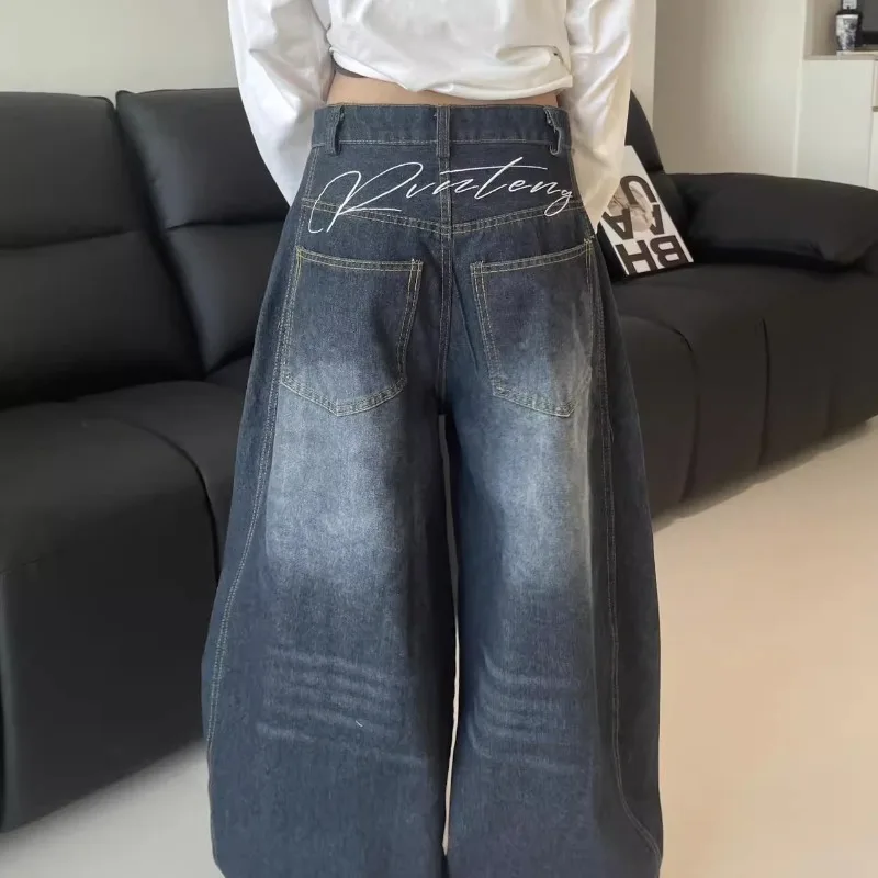 New Womens Jeans High Waist Vintage Design Hop Straight Baggy Denim Pants Street Y2k American Style Wide Leg Denim Trouser