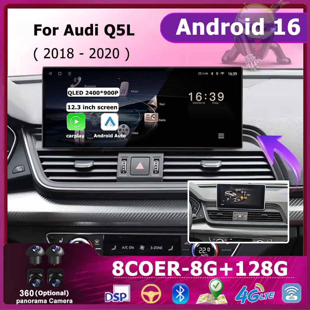 Car Multimedia Radio For Audi Q5L 2018 - 2020 Wireless CarPlay Android16 Player DSP Stereo GPS Navi BT WIFI 12.3