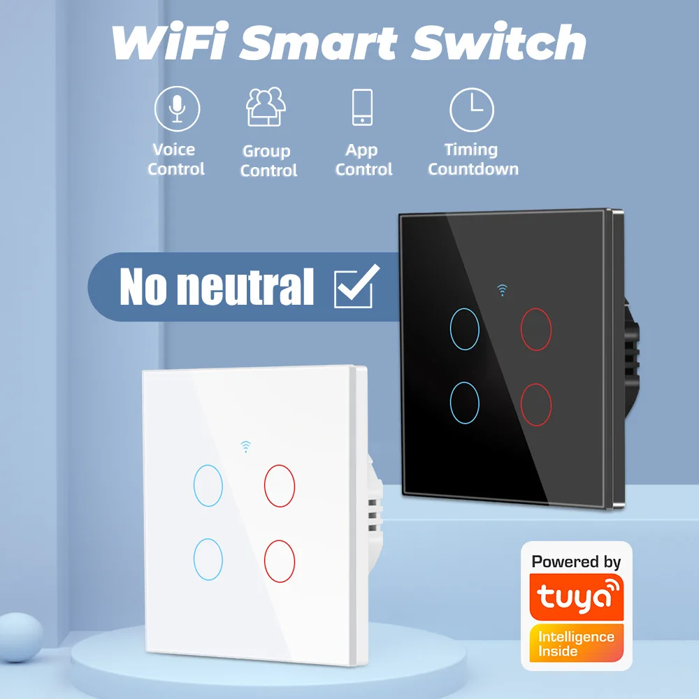 Tuya WiFi Smart Touch Wall Switch with RF433 Protocol Neutral/No-Neutral Option Tempered Glass Panel Voice APP & Remote Control
