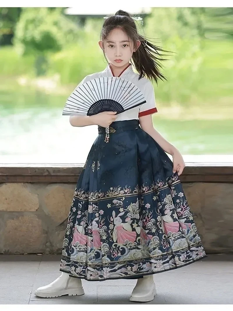 2024 Chinese Traditional Costume Horse Face Skirt for Girls Summer Childrens Ancient Clothing Hanfu Suit National Style Daily