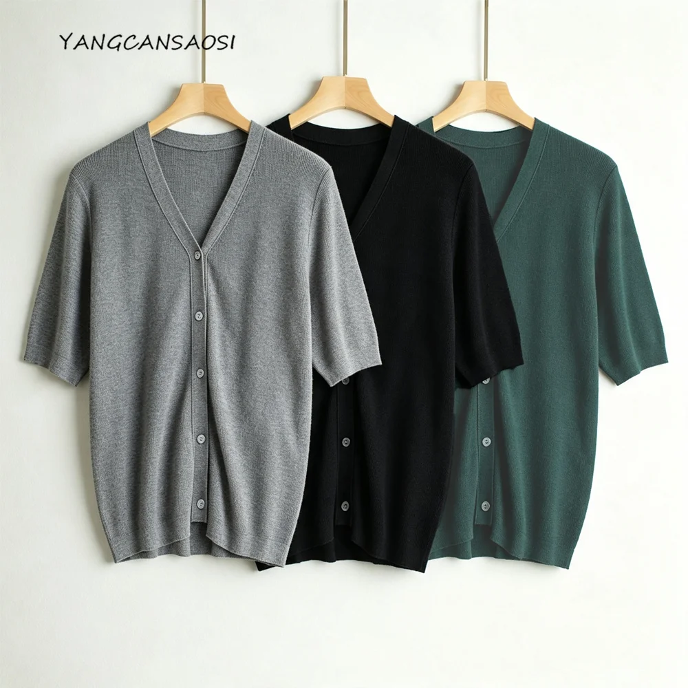 2026 Women's Early Autumn New 64% Natural Mulberry Silk Single Breasted V-neck Short Sleeve Versatile Knitted Cardigan