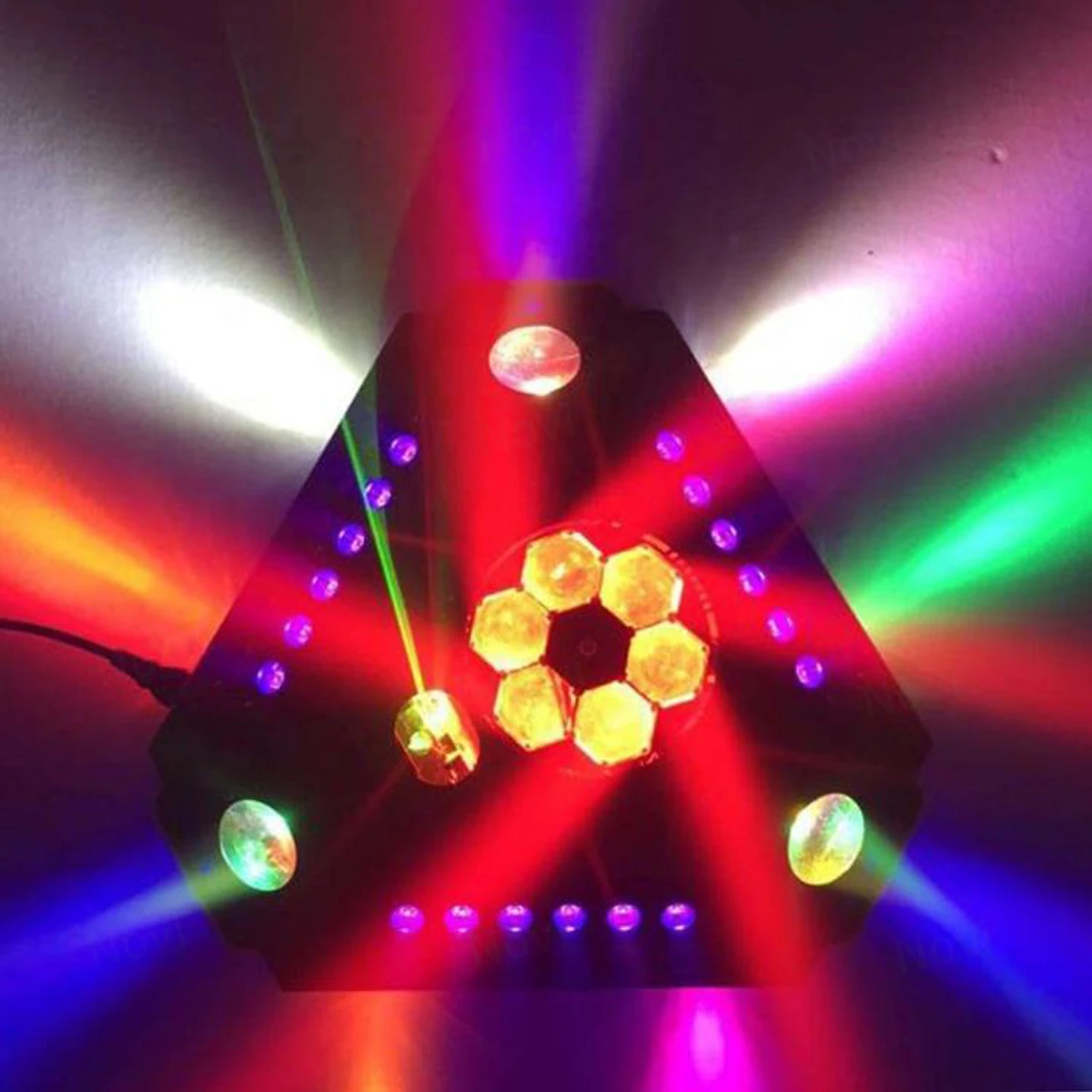 7 Functions Multi-effect LED DMX512 Light with Bubble Beam RG Laser UV Strobe Bee Pattern and Voice Control for Disco Party DJ