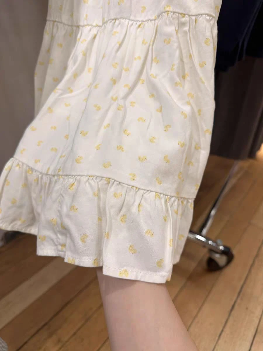 Little Yellow Ducks Lace-up Dress Women Summer Bow Lace Trim Sleeveless Slim A-line Vestidos Cute Sweet Cotton Camis Dresses New