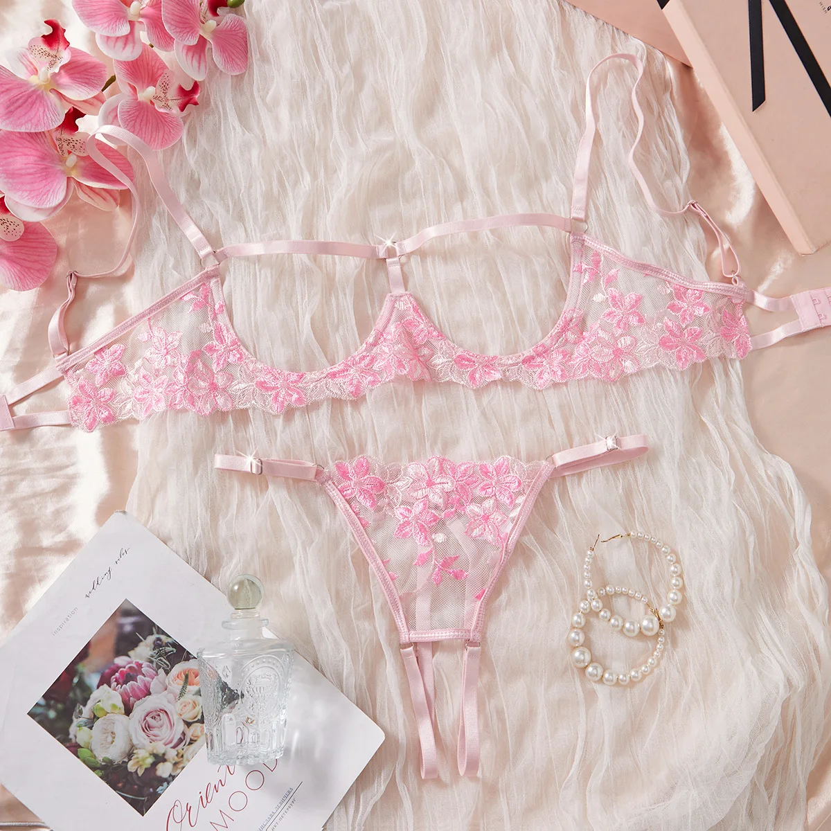 

Sexy Pink Embroidery Hollowed Out Lingerie Women's Sweet Pure Desire Bra T-back Female Without Detachment Exotic Underwear Set