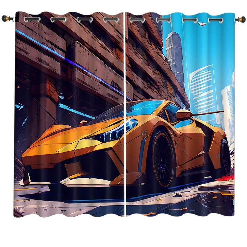 

Animation Cyberpunk Car Print Curtain Internet Cafe Living RoomBedroom Gaming Room Window Semi-blackout Thin Curtain 2Panels