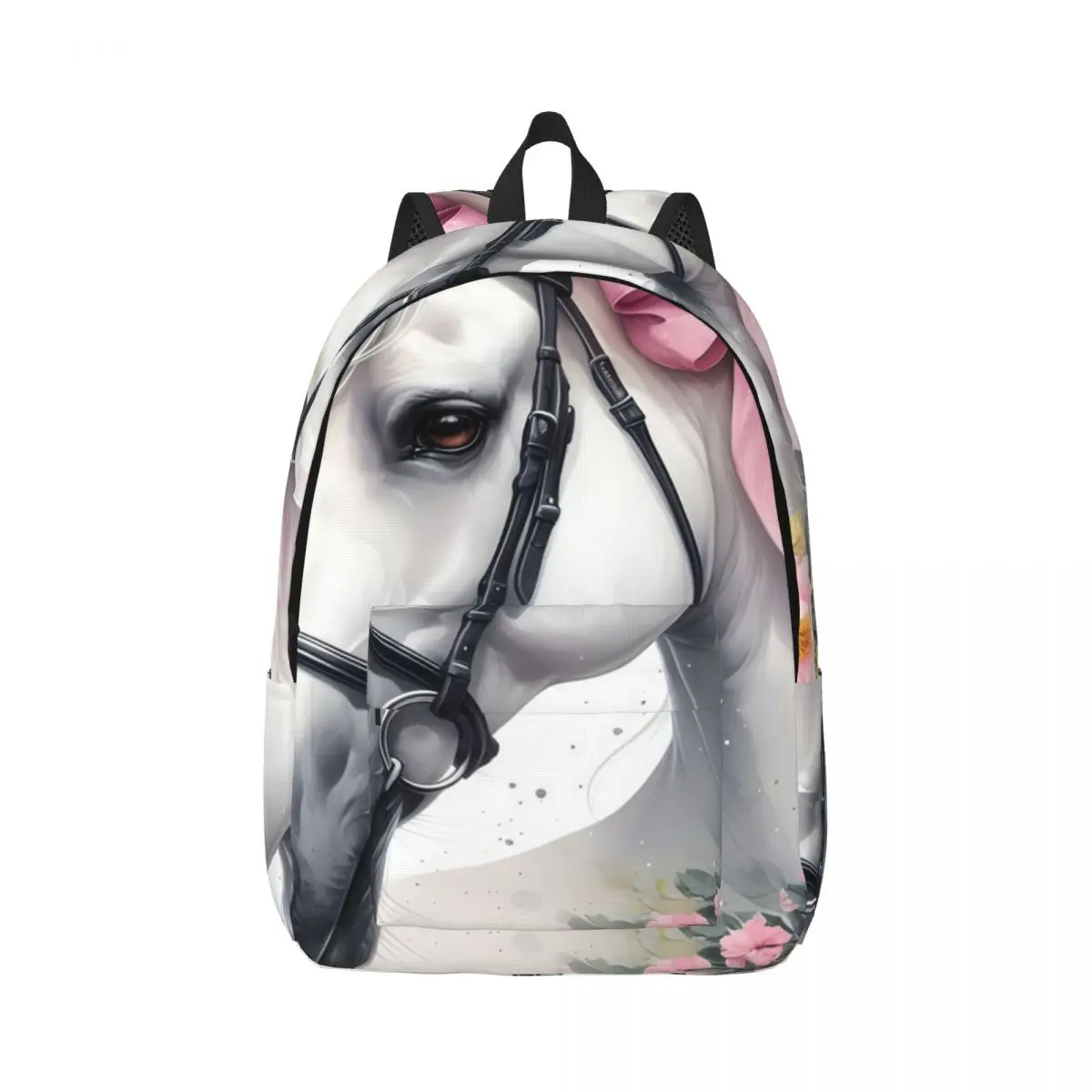 Cute Kawaii School Backpack Clustered Horse Pink Bow Butterfly Flowers Soft Botanical White Pink Gre Dreamy Daypack for Teens