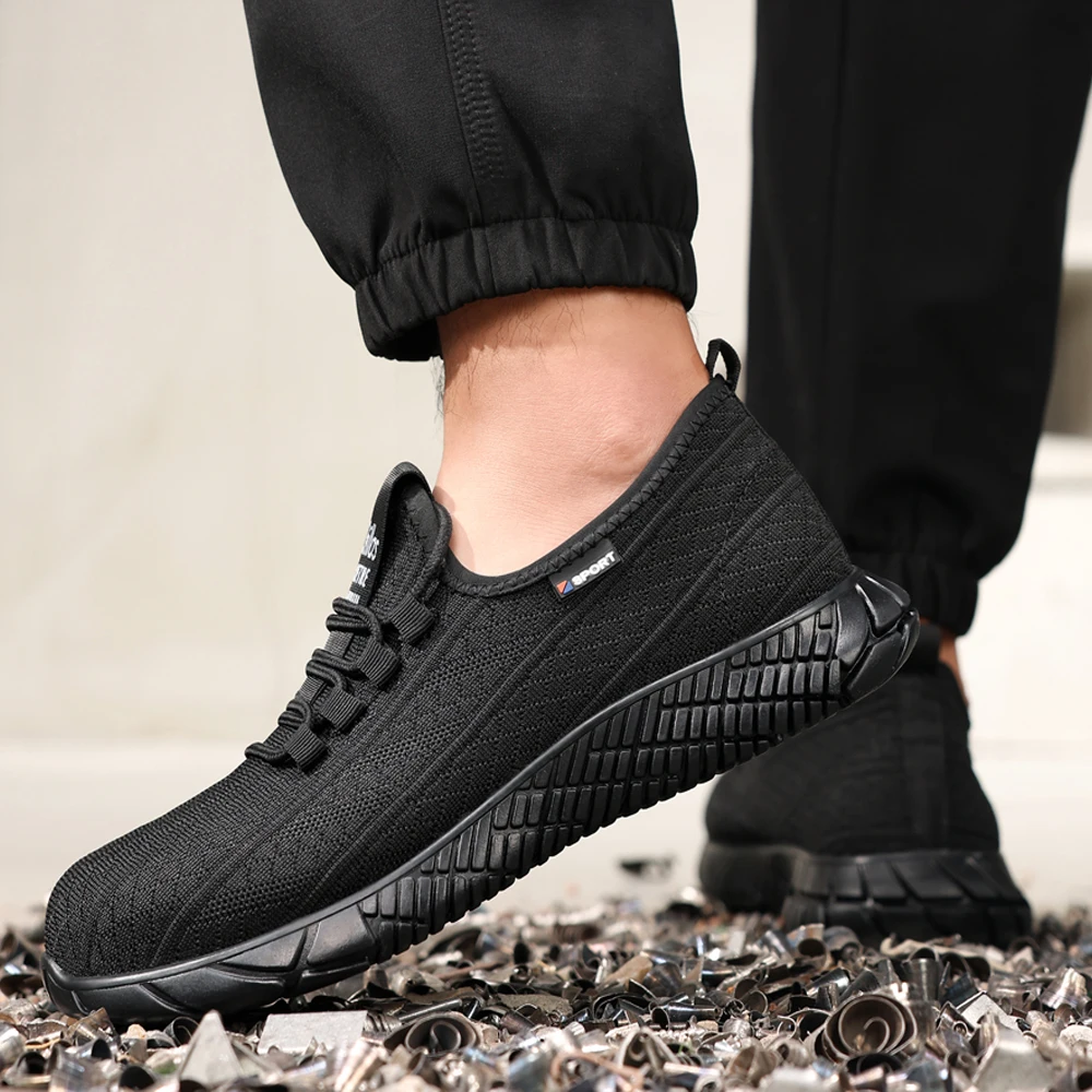 Schwarze Arbeitssicherheitsschuhe, Arbeits-Sneaker mit Stahlkappe, pannensichere, unzerstörbare Schuhe, Schutzstiefel, Sicherheitsschuhe, rutschfest