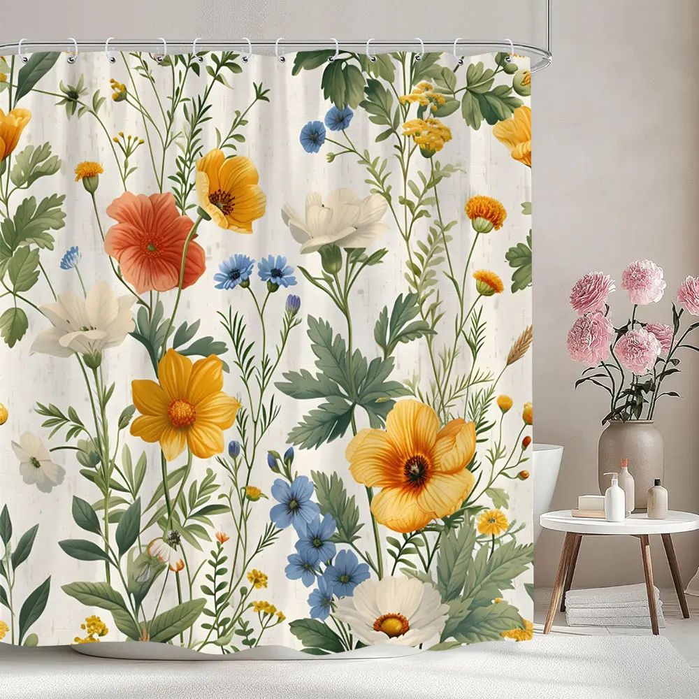 Vintage Floral Shower Curtain Colourful Flower Watercolour Flower Artist Home Polyester Fabric Shower Curtains Bathroom Decor