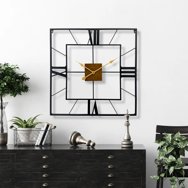 European Style 16 Inch Square Iron Wall Clock Roman Numeral Skeleton Silent Metal Wall Watch Industrial Home Living Room Decor