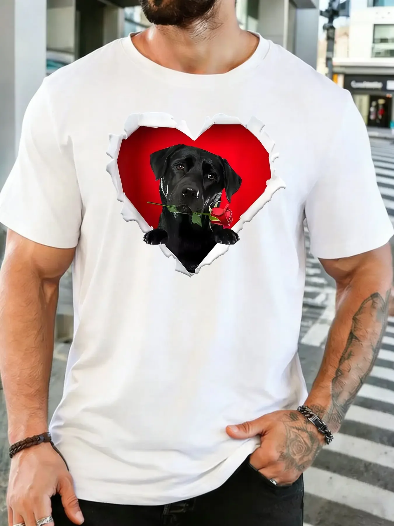 Men Soft Cotton Tshirt Black Lab With Red Rose Torn Heart Print Short Sleeve Tee For Pet Lover Valentines Casual Street Wear Top
