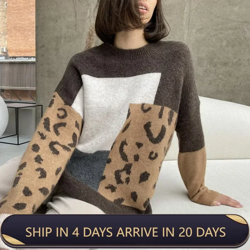 2024 Leopard Print Design Woolen Sweater Women's Soft Thick Sheep Wool Long Sleeve Knitted Top INS Wind