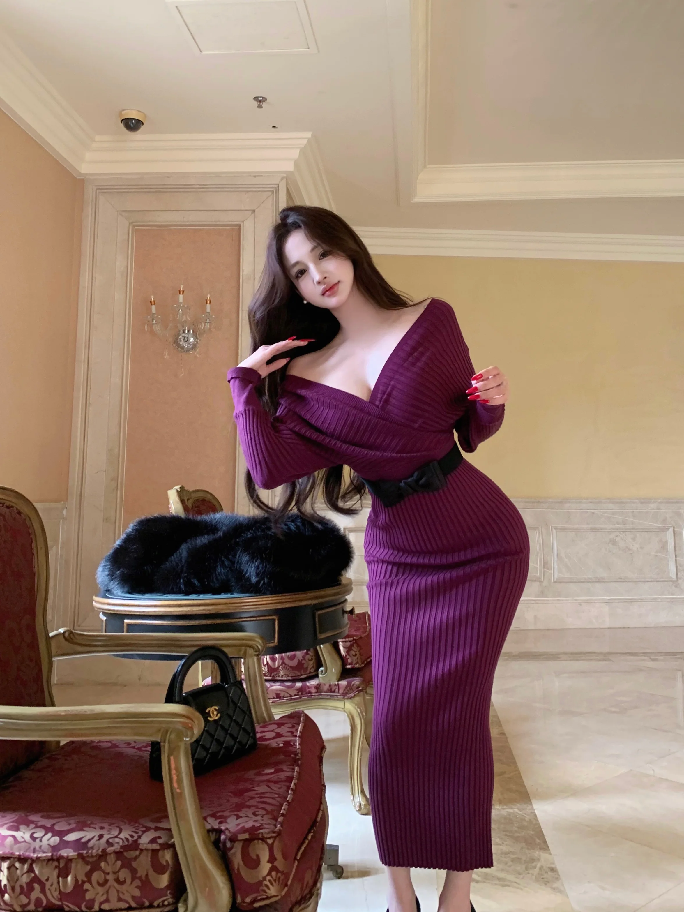 Women's Red V-neck Knit Long-sleeve Bodycon Dress Sexy Back Cutout Ribbed Sweater Dress Autumn Korean Trendy Office Lady Outfits