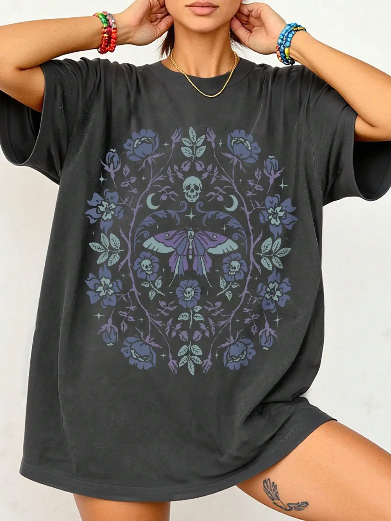 

Women's Oversized Gothic Floral Skull & Moth Print T-Shirt, Soft Washed Cotton