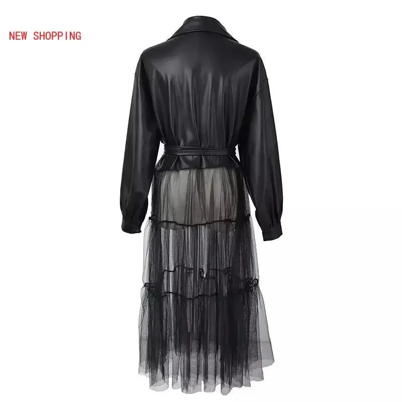 Veste en similicuir PU à manches longues pour femmes, vêtements de mode sexy, maille transparente, col rabattu, vestes de boîte de nuit, automne, hiver, nouveau