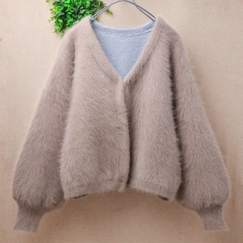 

Women Mujer Autumn Winter Clothing Hairy Mink Cashmere Knitted V-Neck Long Lantern Sleeves Short Style Loose Caridgans Sweater