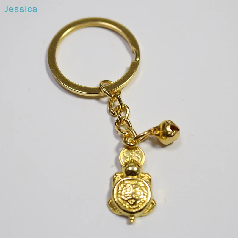 ♥ Feng Shui Goldener Schildkröten-Schlüsselanhänger, glücklicher, reichtumziehender Anhänger mit Münze und Glocke, Metall-Schlüsselanhänger für Glück und Wohlstand