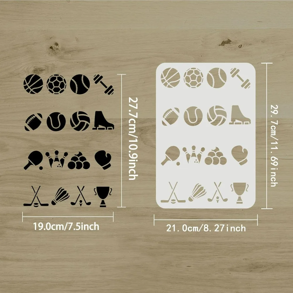 Sports Theme Stencil Template 11.7x8.3 Various Balls Dumbbells Ice Skating Boxing Trophies Drawing Reusable Painting Stencils