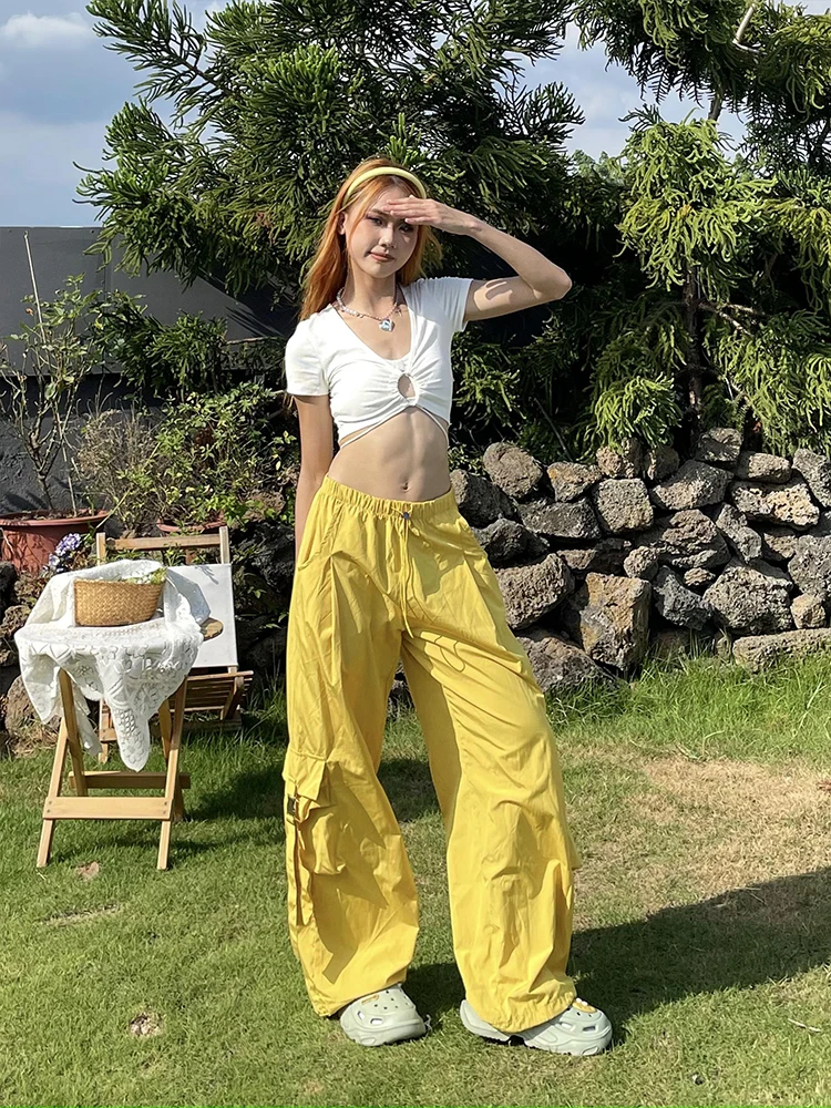 

Брюки YAMMYUKI American Sle Dopane: желтые, с бантом на пуговицах, широкие, функциональные, повседневные, прямого кроя, рабочая одежда