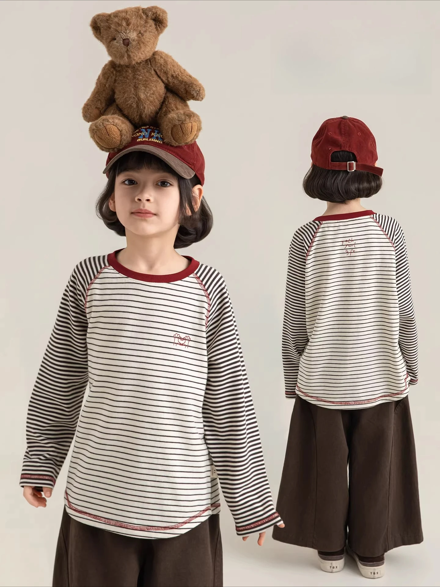 2026 Spring Girls Striped Color Block Raglan Tee Versatile Round Neck Kids Play Comfort 3-12Y