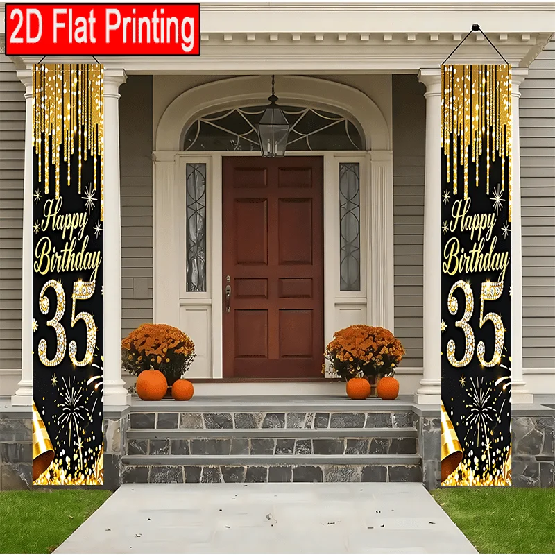 2D Flaches 2er-Pack Happy Birthday Banner mit Schwarz-Gold-Fransen für die Feier des 35. Geburtstags, geeignet für den Außenbereich – Detail 4