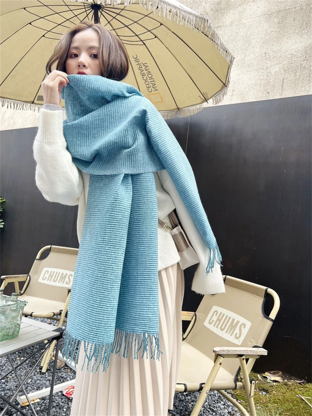 Women's Cashmere Scarf Autumn Winter Solid Color Gradient Crumpled Warm Scarves Japanese Korean Fresh Sweet Fashion Tassel Shawl