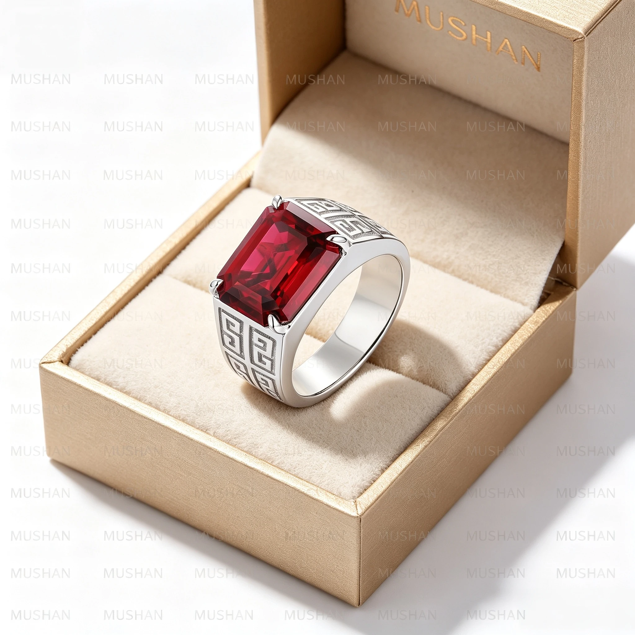 MUSHAN Custom Jewelry 925 Sterling Silver Ring Lab Red Green Emerald Heart Bridal Statement for Women 18K Gold Plated Rings