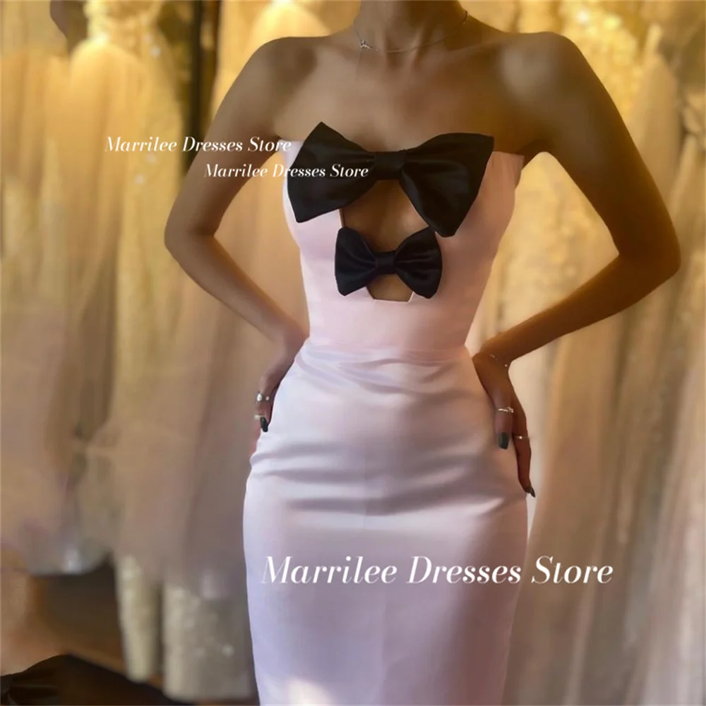 Marrilee Elegante Roze Strapless Zwarte Strik Meimaid Vlek Avondjurk Elegante Enkellange Mouwloze Rugloze Veterjurk